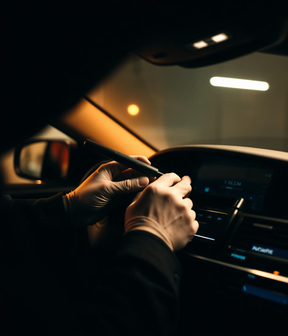 Technician installing vehicle security equipment